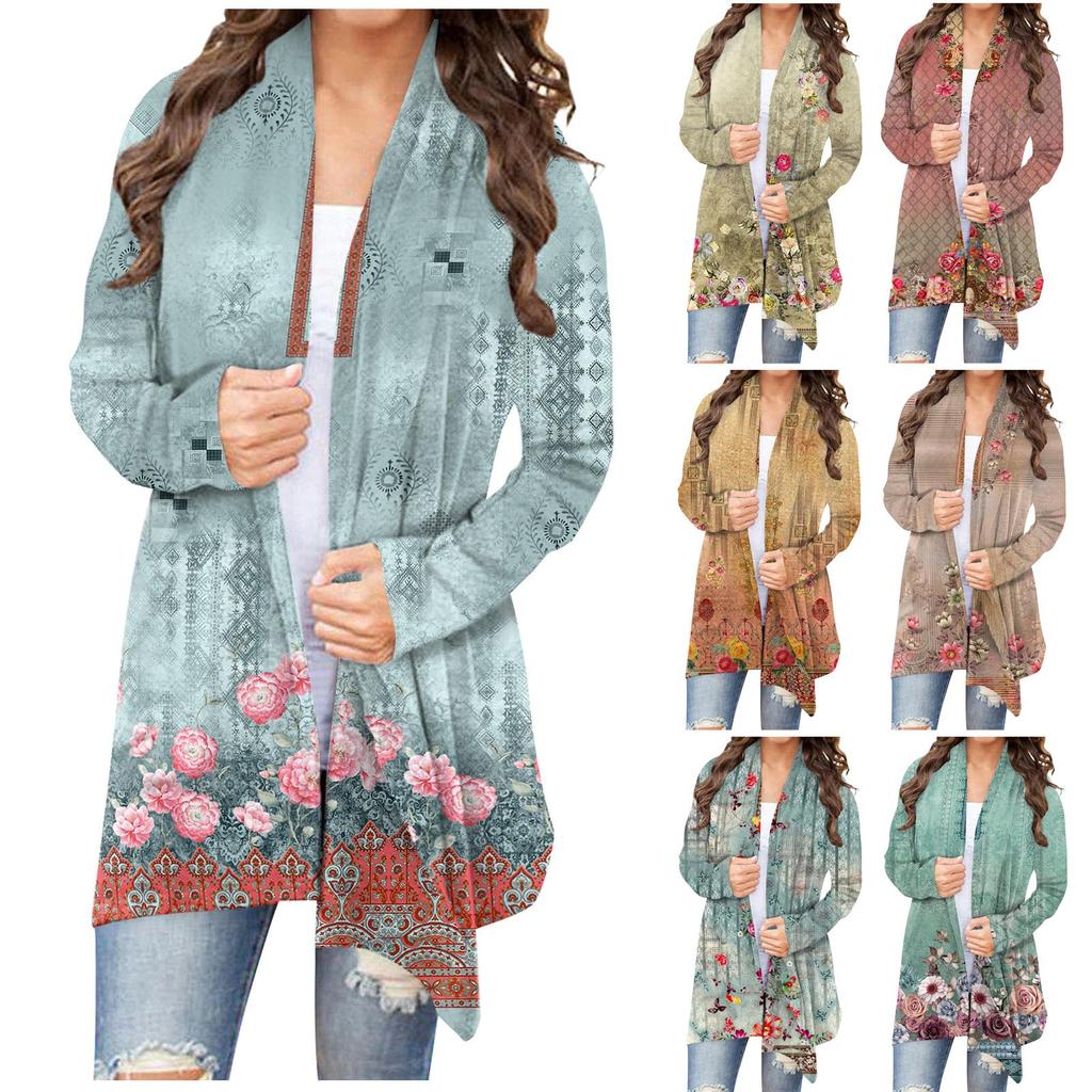 Women's Fashion Casual Floral Print Medium Length Cardigan Jacket Coat