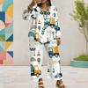 Women Plus Size White Printed Round Neck Long Sleeve Layered Top Wide Leg Cropped Pants Two Piece Set
