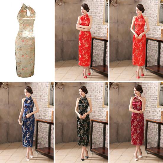 Women Summer Cheongsam Stand Collar Printing Off Shoulder Backless Split Hem Hollow Out Sleeveless Qipao Slim Fit Retro
