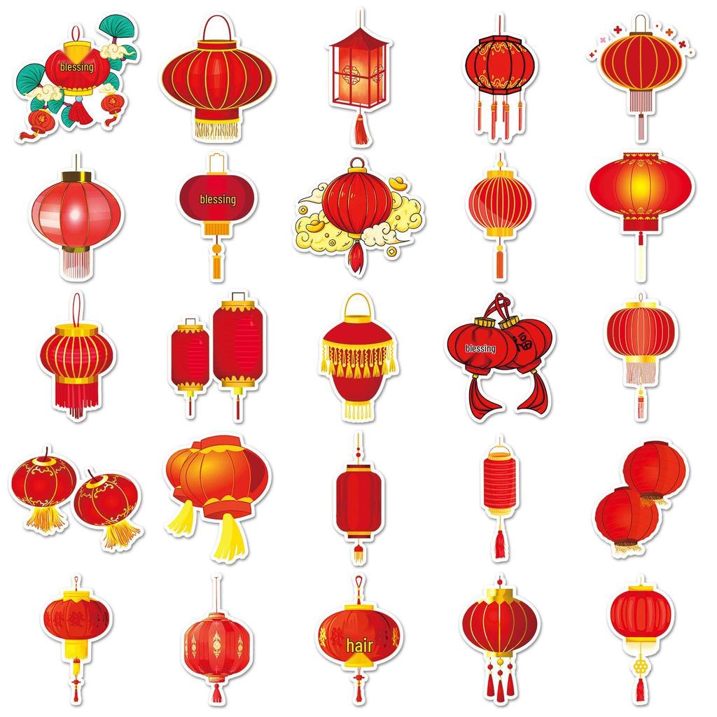 50 Красных Фонариков Guochao Наклейки на Китайский Новый Год для DIY Украшений и Чехлов для Телефона