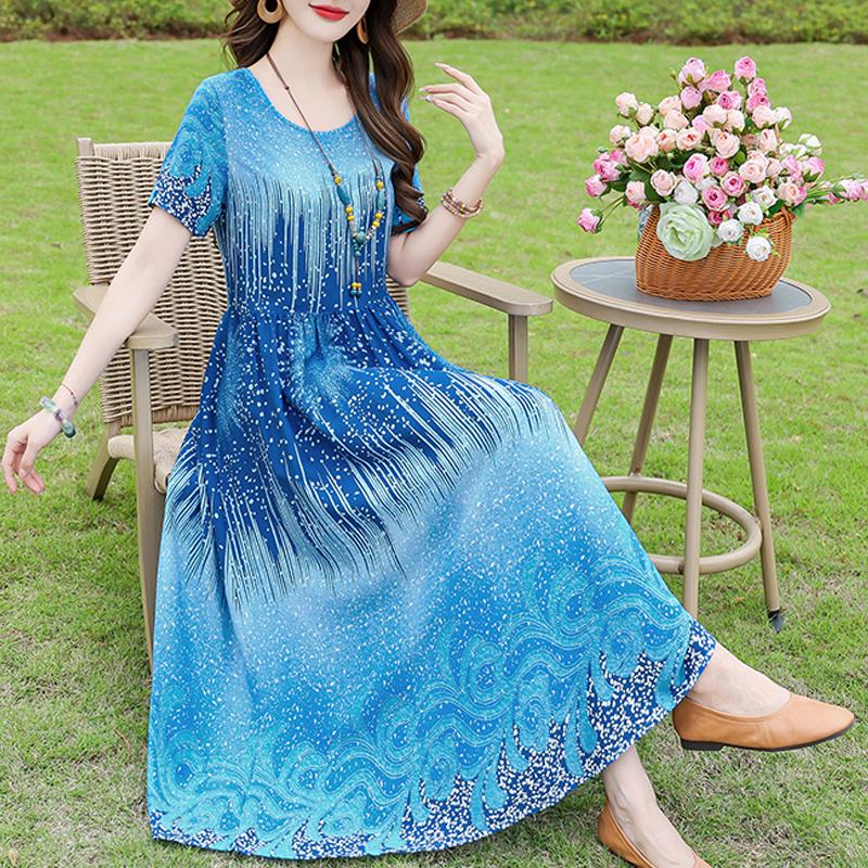 Повседневное женское платье летняя винтажная одежда свободные короткие рукава большие размеры элегантные длинные платья
