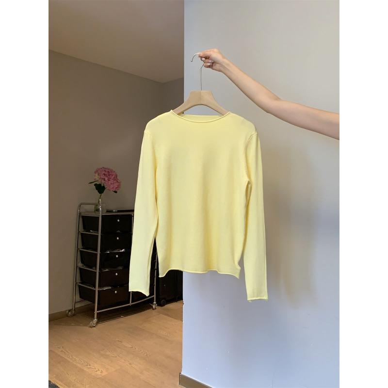 Простая базовая трикотажная футболка с круглым вырезом для женщин, осенне-зимняя, повседневная, свободного кроя, для ношения под низ, свитер с подвернутыми краями
