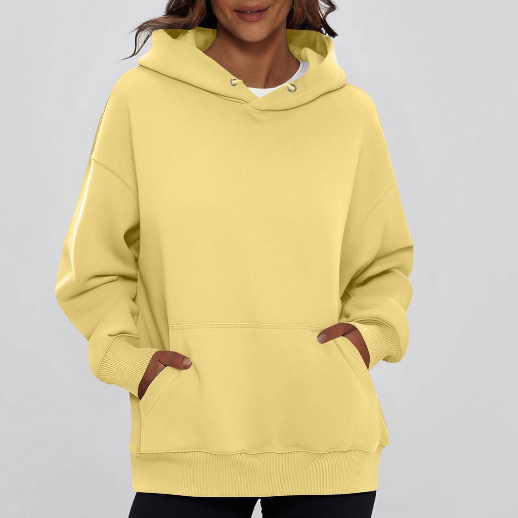 Ladies' Fashionable Solid Color Casual Hooded Pocket Long Sleeved Sweatshirt