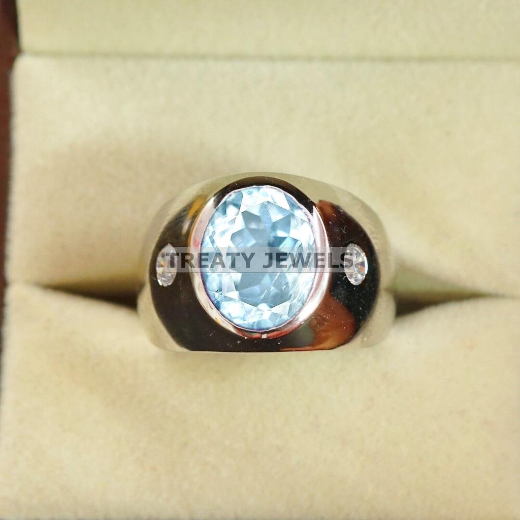 Aquamarine Oval Cut Gemstone With 925 Sterling Silver Ring For Men's #A735 JL375659036953