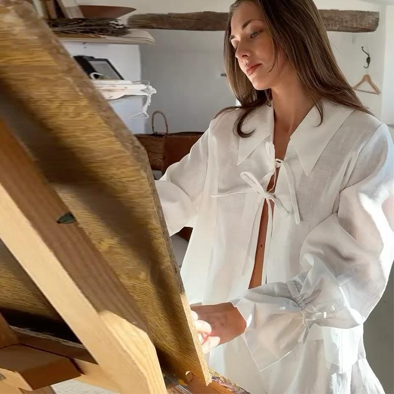 Solid Linen Lace Up Bow Shirts Women Turn-down Collar Lantern Sleeve Blouse Ruffles Summer