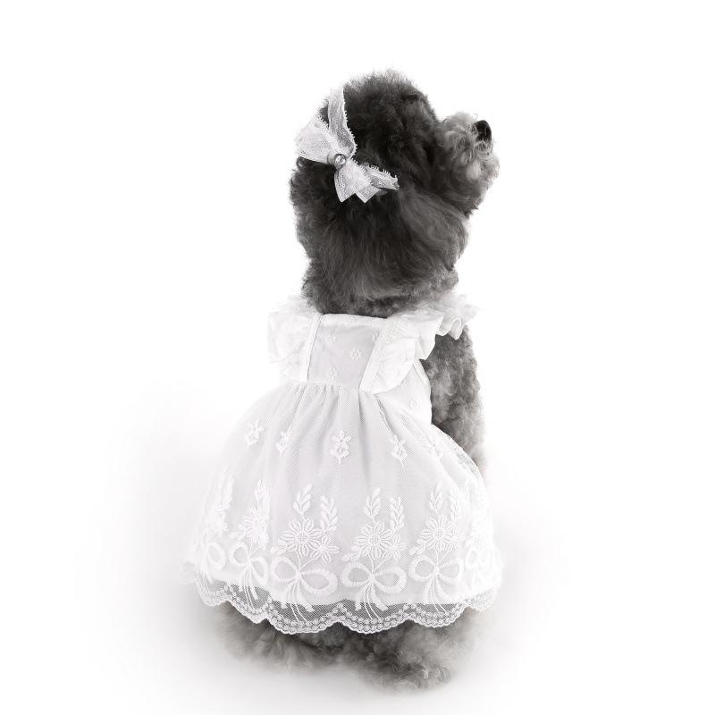 Pet summer lace flying sleeve princess dress teddy bear dog cat thin clothes + headgear