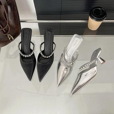 Мода 2025 Весна Новые Женские Черные Сатиновые Стразы Блестящие Высокие Каблуки Острый Носок Сзади Пустые Модные Шлепанцы Sandalias Mujer