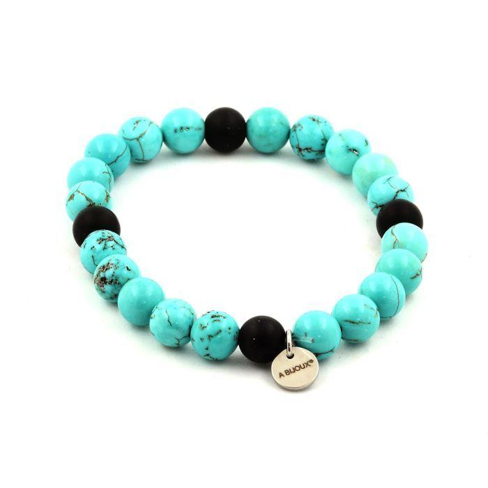 Stones and Minerals. Bracelet Turquoise Beads + Matte Black Onyx 8 Mm. Made In France.