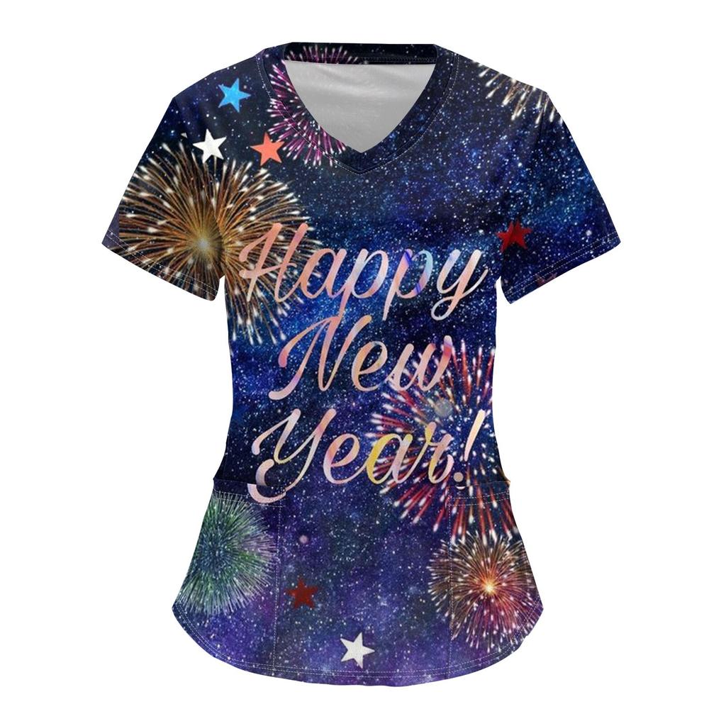 Women's Fashion V-neck Short-sleeved Overalls With Pockets 2025  Christmas Print Top