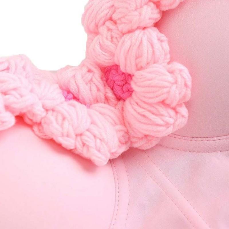 Pink Sweet Knit Bustier Top Crochet Floral Design With Built-in Cups Underwire Removable Straps Women