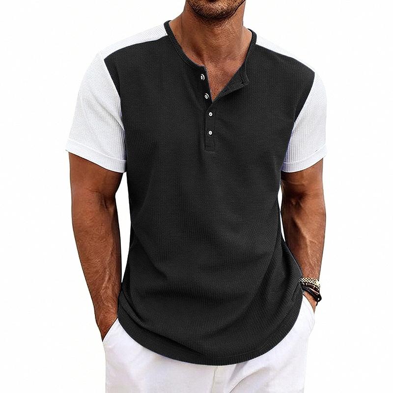 Мужская свободная вафельная футболка-henley с коротким рукавом, летний повседневный топ