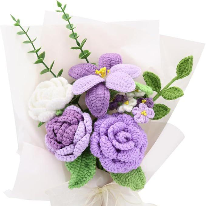 Handmade Knitted Yarn Bouquet: Crocheted Roses, Lilies, Tulips, and Gesang Flowers for Valentine's Day