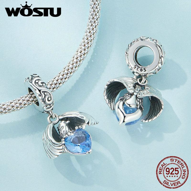 WOSTU Стерлингового серебра 925 пробы, белый орел, подвесная бусина, синий циркон, кулон, яркие подвески в виде рыси, бусины в форме кошки для женщин, браслет и ожерелье, ювелирные изделия