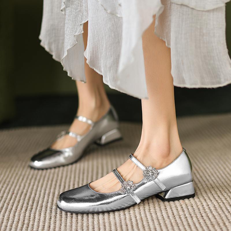 Krazing Pot Туфли-лодочки Mary Janes из овчины, весна-лето, размер 41, на толстом низком каблуке, женские, с квадратным носком, с кристаллами и цветами