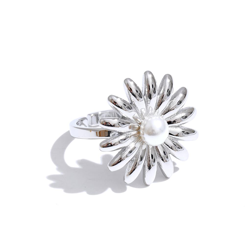 Yhpup Imitation Pearl Sunflower Adjustable Ring Fashion Popular Stainless Steel Chic Women Jewelry Gold Platinum PVD Plated