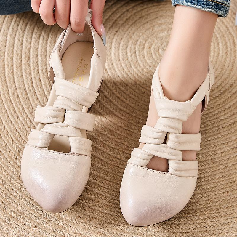 GKTINOO 2025 Новые женские сандалии Летние сандалии-гладиаторы из плетеной натуральной кожи в стиле ретро с круглым носком и повседневным высоким каблуком