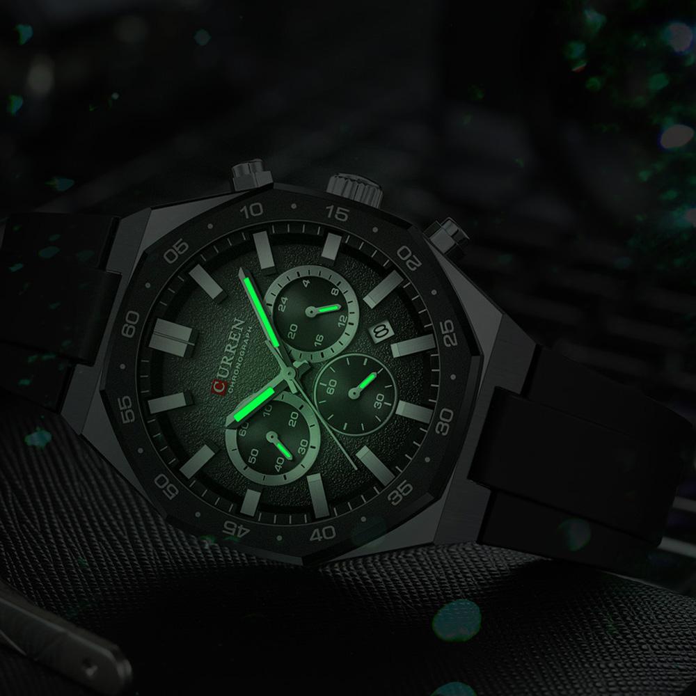 CURREN Мужские спортивные часы-хронограф с черным силиконовым ремешком, автоматической датой, люминесцентными стрелками, кварцевые часы для мужчин