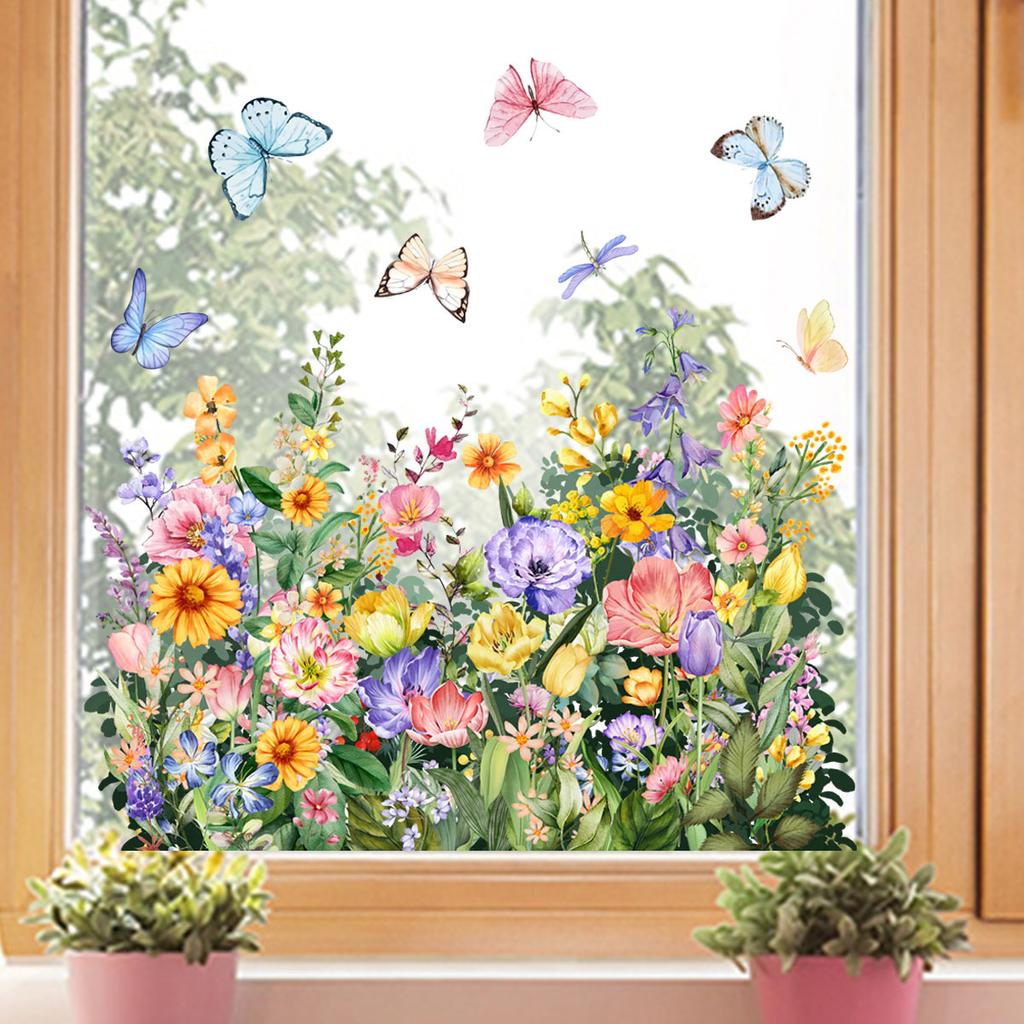 Цветная стеклянная электростатическая наклейка с изображением цветка и бабочки, двухсторонняя визуальная наклейка на окно, наклейка для украшения дома, которую можно удалить