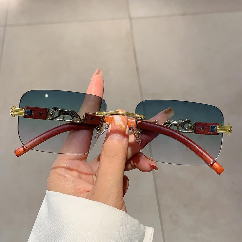 Rimless Vintage Men Sunglasses Stylish Rectangle Gradient Ocean Lenses Shades New Trendy Wooden Legs Brand Design Eyewear
