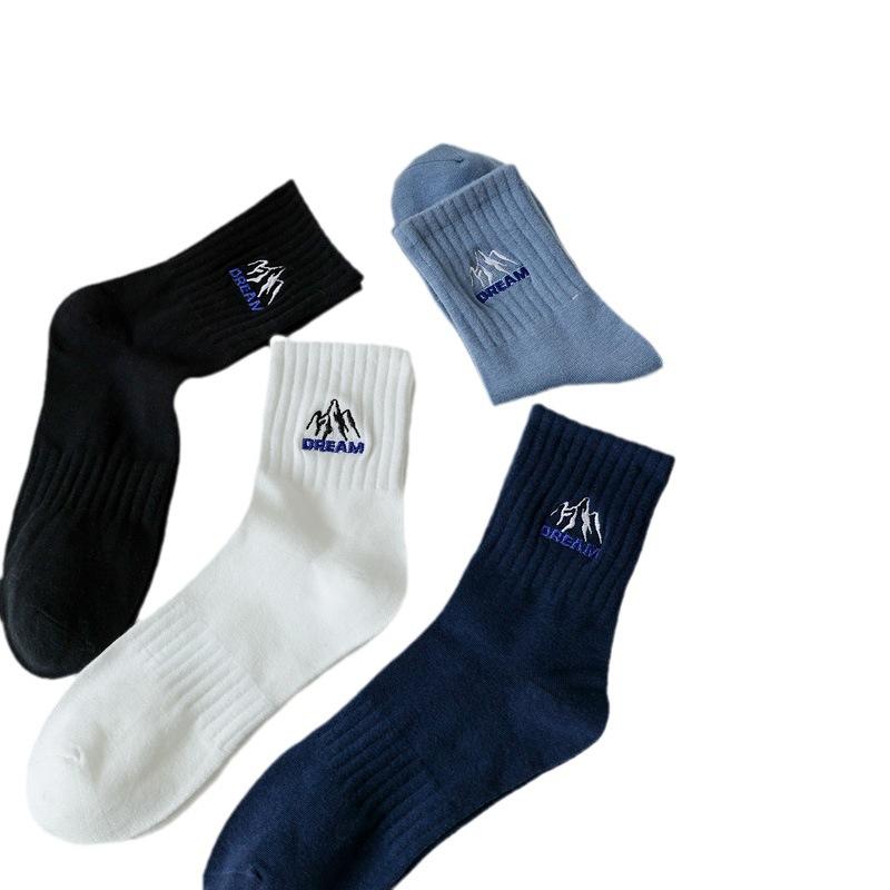 5/10 Pairs Spring Autumn Men's Solid Colour Elastic Waist Embroidered Trendy Casual Sports Socks Breathable Sweat Wicking Mid Calf Socks