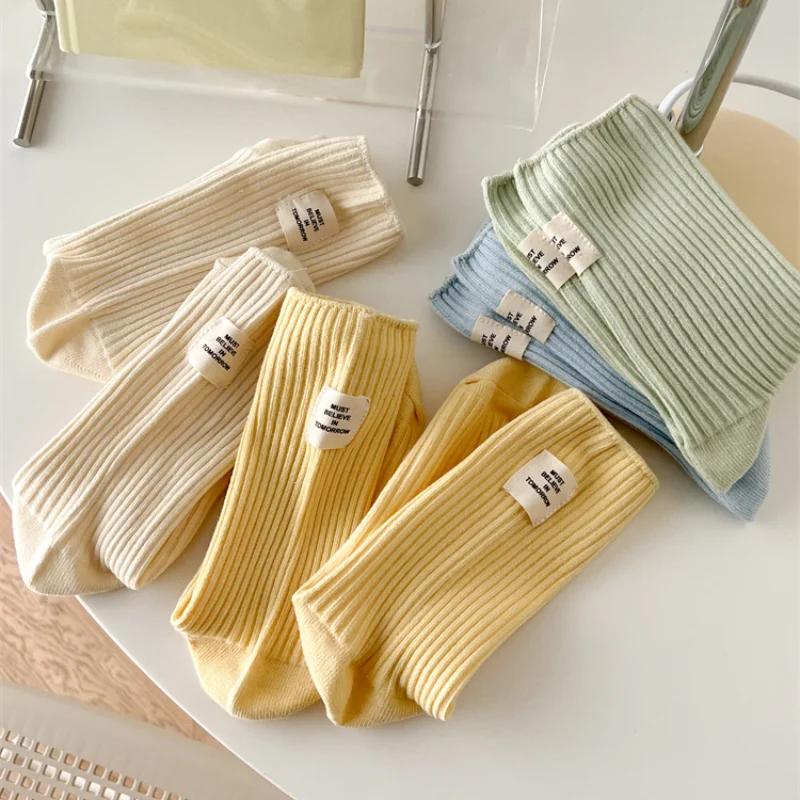 Женские носки из хлопка, трикотажные носки Harajuku Streetwear средней длины, однотонные, в японском стиле, для девочек, кавайные, эластичные, длинные носки