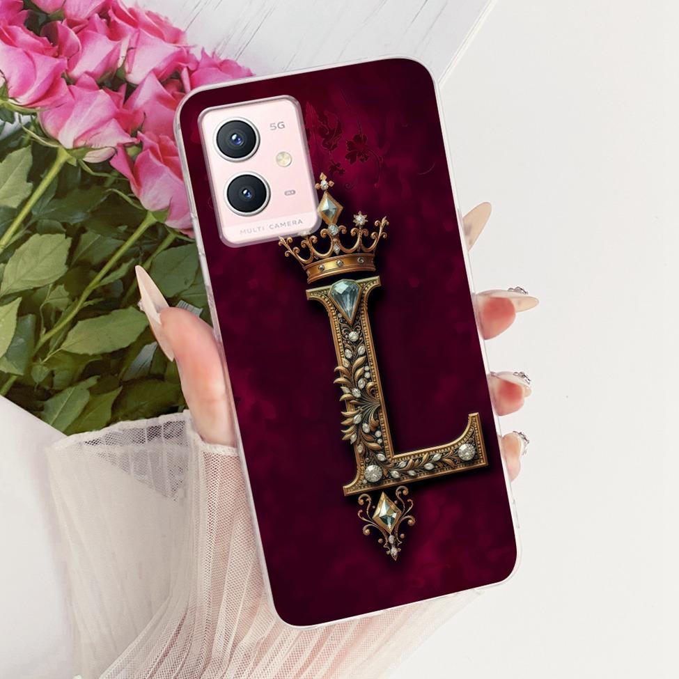 Чехол-бампер для Vivo Y33s 5G, прозрачный, с короной, буквами от A до Z, 2D плоский узор, мягкий чехол для телефона Vivo V2166A