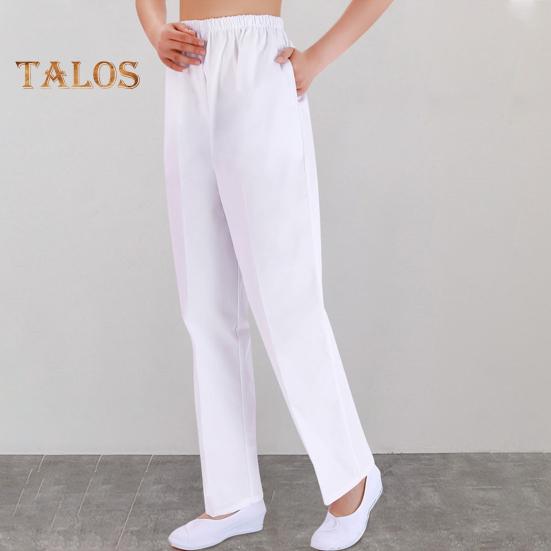 Летние брюки для медсестры со средней посадкой и эластичной резинкой на талии, широкие длинные брюки, однотонные женские рабочие брюки с карманами