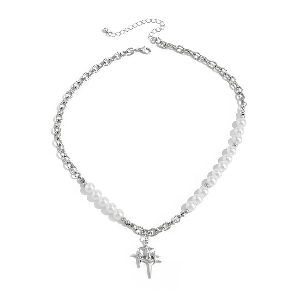 SHIXIN Hip Hop Geometric Star Pendant Necklace for Men Retro Punk Imitation Pearl Choker Necklace Fashion Jewelry on the Neck