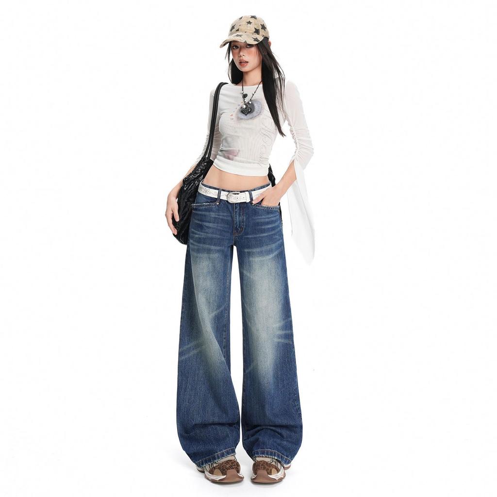 Autumn and winter new American retro low-rise hottie wide-leg straight jeans women