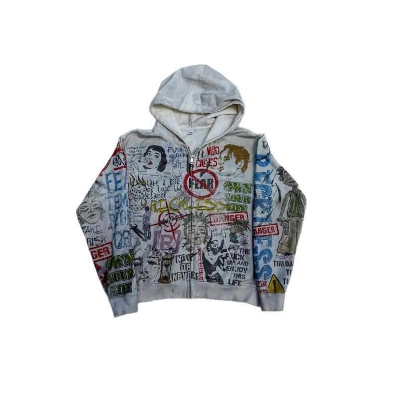 Washed Vintage Graffiti Printed Zip Up Hoodie Loose Fit Streetwear Young Men