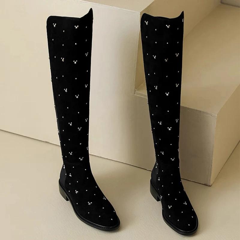 Хрустальные высокие сапоги для женщин Модные туфли на каблуке Зимние ботфорты челси 2025 Новые повседневные кроссовки для женщин