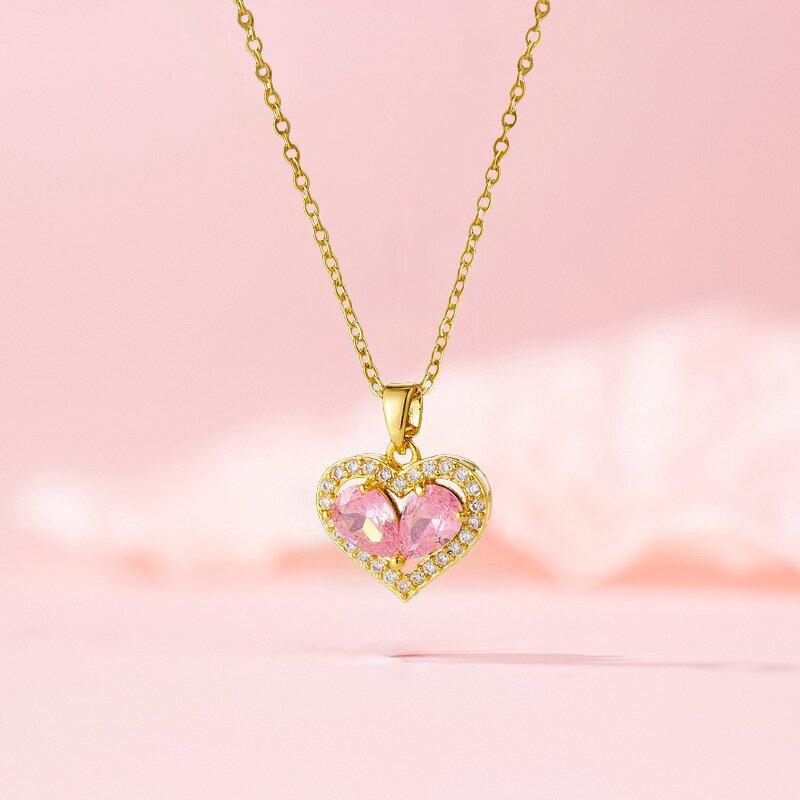 1 Pcs Women Fashion Accessories Inlaid Pink Glass Copper Pendant Necklace Hundreds of Light Luxury Style Jewelry