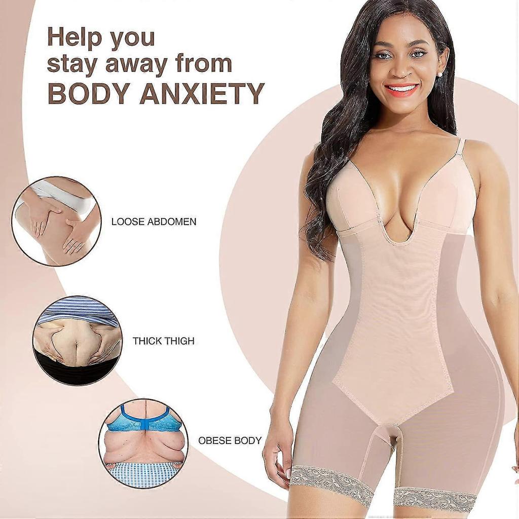 Backless Shapewear for Women Tummy Control Seamless Bodysuit Mesh Built-in Bra Faja Body Shaper with U Plunge S-3XL