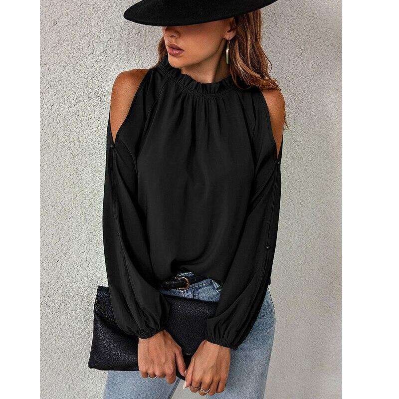 Long Sleeve Women Chiffon Blouse Off Shoulder Stand Collar Fashion Green Lady Tops Ruffle Casual Shirts Womens Clothing 24406