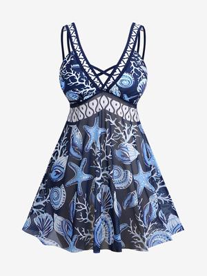 Rosegal Fashion Shell Starfish Coral Underwater World Print Cross Backless Tankini Купальник (Регулируемый плечевой ремень)