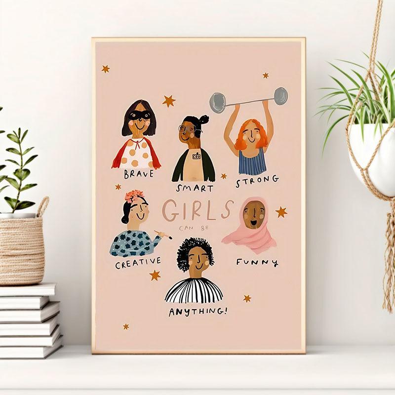 1pc Frameless Girls Power Inspirational Canvas Print Poster, Cartoon Style Art Deco Modern Wall Hanging Decor Canvas Artwork