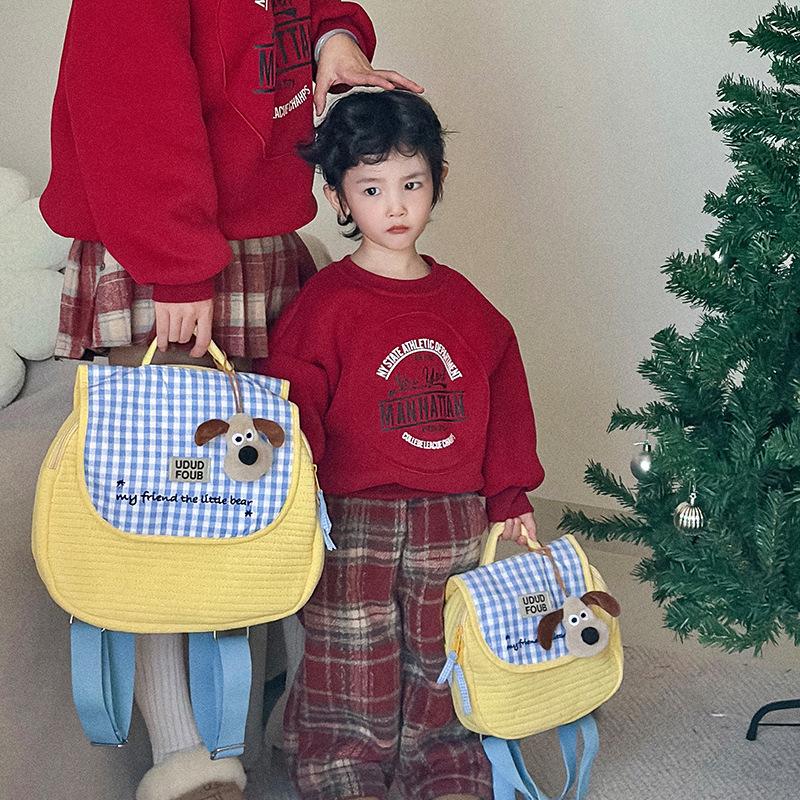Cute Little Dog Checkered Boy-girl Embroidery Thread Small Backpack for Parents and Children's Baby Bag