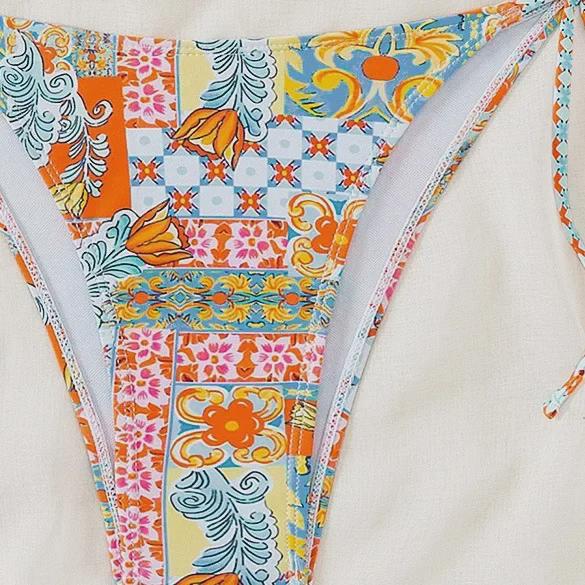 2024 Купальник бикини с треугольными чашками на шнуровке с принтом для женщин