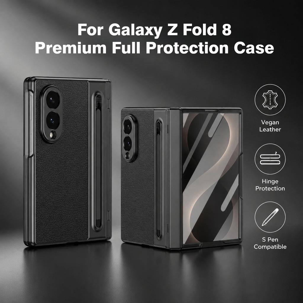 Для Samsung Galaxy Z Fold 8 Ultra 7 6 5 4 3 360° Складная крышка Кожаный паз для стилуса Закаленное стекло Ударопрочный чехол для телефона
