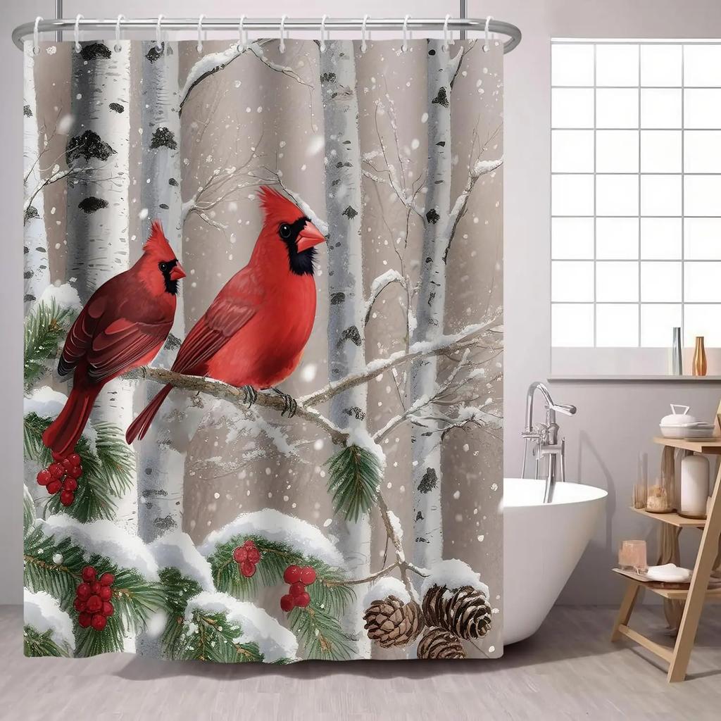 Сосна Красная Птица Занавеска для душа Зеленый Зимний Лес Кардинал Снежная Ягода Рождественская Тема, Деревенский Праздник Тканевая Занавеска для душа