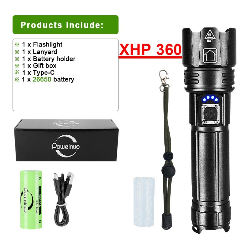 XHP360 Super High Power Flashlight Waterproof Outdoor Flashlight Long Range Zoom Torch Light