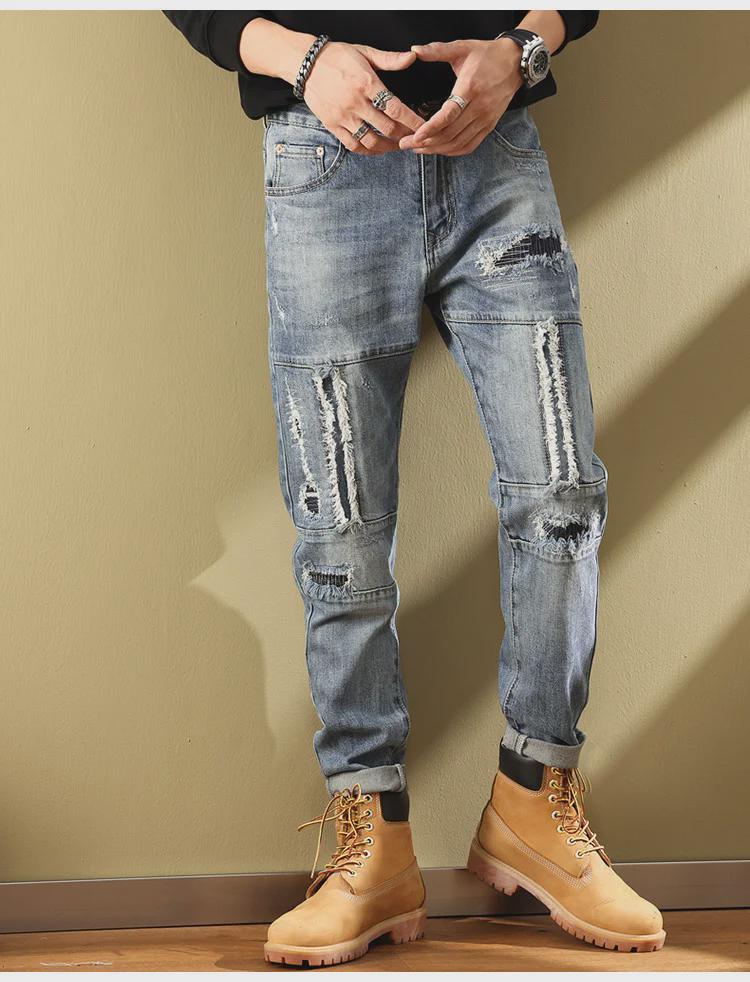 Мужские модные облегающие рваные джинсы скинни с эластичной тканью и нашитыми заплатками