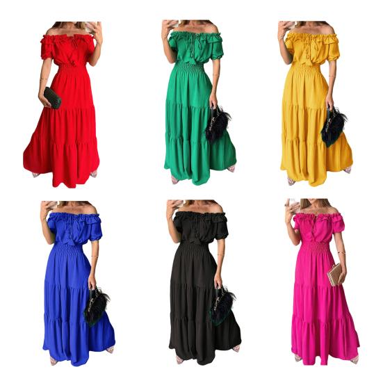 Women's Summer Off Shoulder Ruffle Maxi Dress Short Sleeve High Waist A-Line Dress Flowy Beach Long Dress