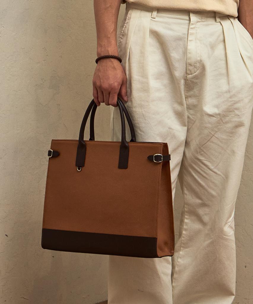 Matt Embossed Leather Men'S Slim Square Bag (Tan Brown + Dark Brown) B42971