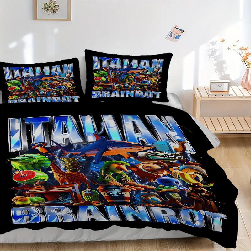 Italian Brainrot Adventure Print 3Pcs Bedding Setduvet Cover With 2 Bedropillowcase Home Birthday Gift