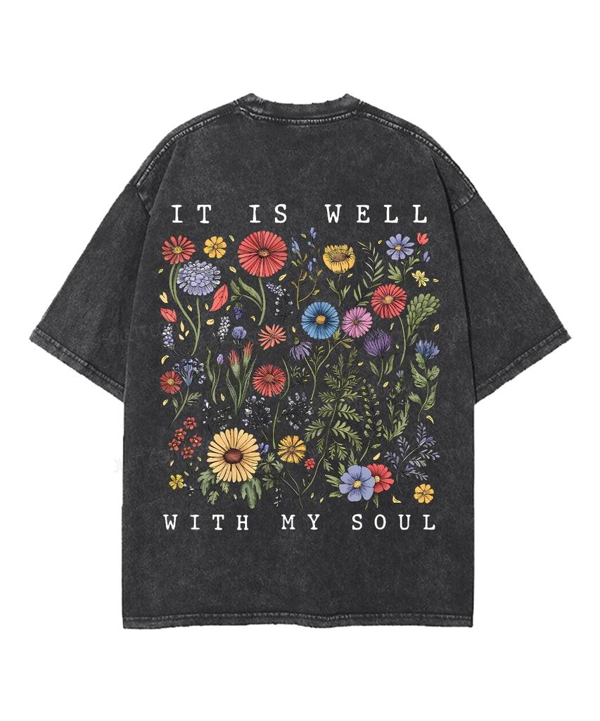 Christian Faith T Shirt It Well With My Soul Vintage Wildflower Pattern Front Back Print Vintage Washed Short Sleeve Unisex Tee