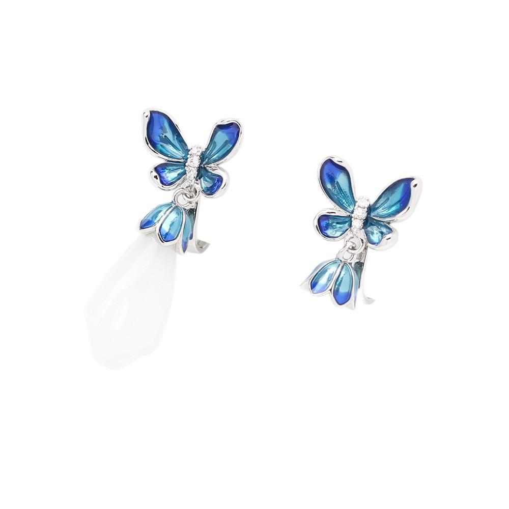 Court retro style dripping oil blue butterfly earrings magnolia flower earrings gold and silver two-color earless earrings clip earrings women