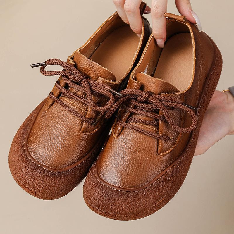 Женские кожаные туфли на шнуровке в стиле ретро — с круглым носком, мягкой подошвой, удобные повседневные туфли на плоской подошве для весны и осени