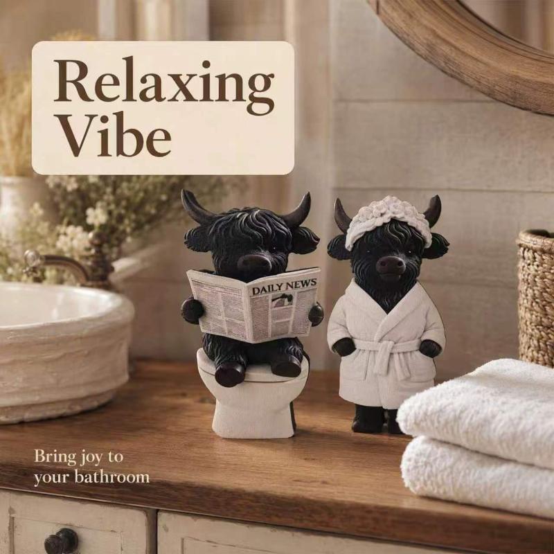 2Pcs 2D Flat Wooden Newspaper-Reading Cows Highland Cow Decorative Ornaments For Home Bedrooms Entryways Bookshelf Display