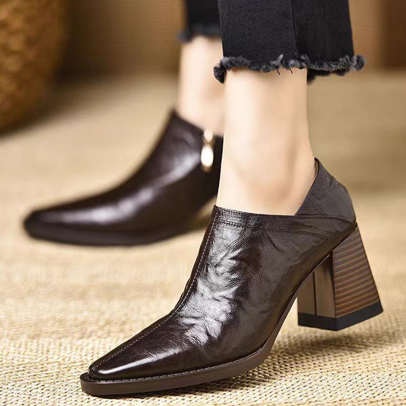 Кожаные женские ботильоны с острым носком, дизайнерские элегантные туфли на высоком каблуке 2024 года, трендовые зимние туфли-лодочки на массивной подошве, модные женские туфли Botas De Mujer